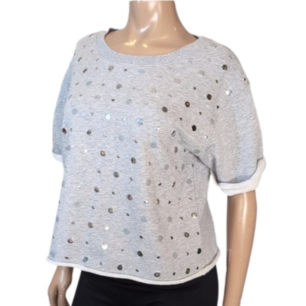 Michael Kors Studded Embellished Crop Sweatshirt Short Sleeve Gray Small